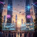 5G no Brasil: Transformando Saúde e Educação Paisagem urbana brasileira futurista com símbolos 5G, representando a conectividade avançada e seu impacto na saúde e educação.