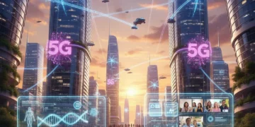 Paisagem urbana brasileira futurista com símbolos 5G, representando a conectividade avançada e seu impacto na saúde e educação.