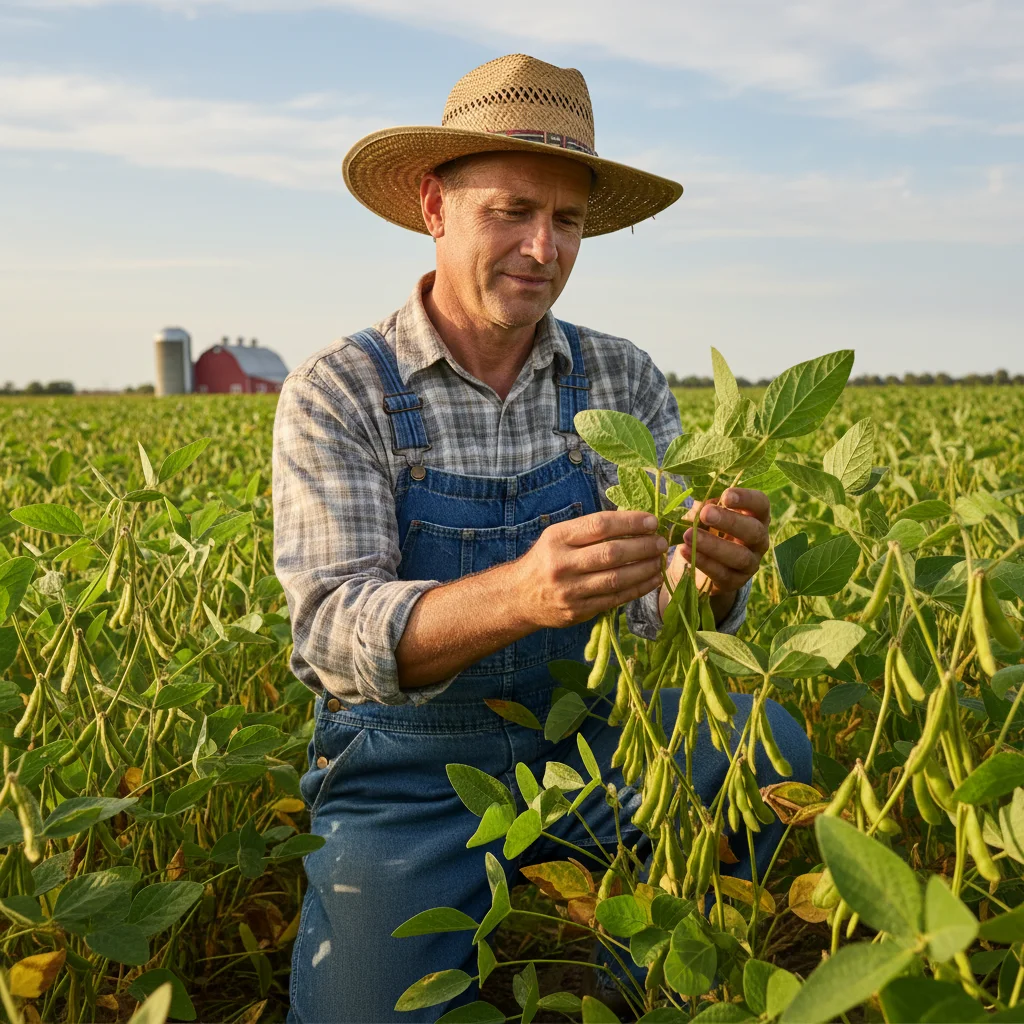 Agricultor inspecionando plantas de soja saudáveis no campo, evidenciando o cuidado com a qualidade da produção.