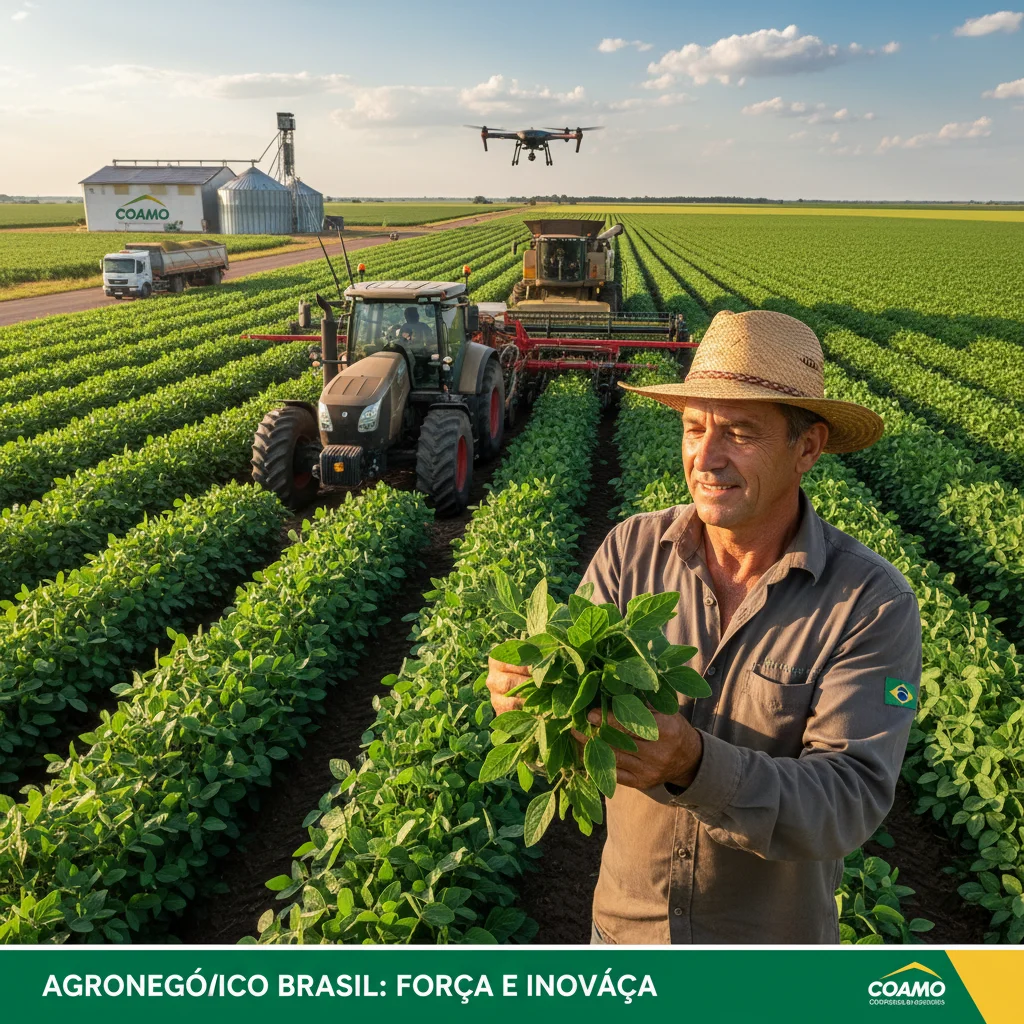 Agricultor examinando plantação em campo vasto, simbolizando o agronegócio brasileiro.