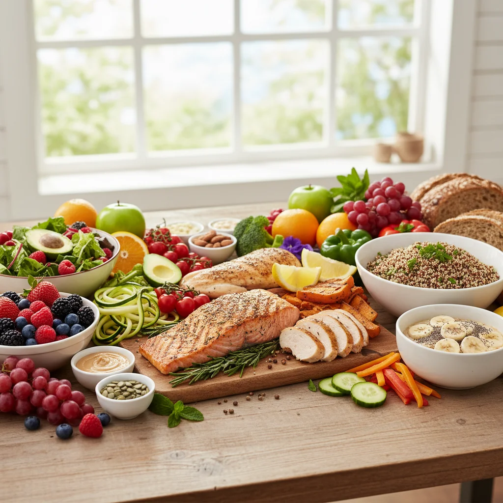Mesa com uma variedade de alimentos saudáveis: frutas, vegetais, proteínas magras e carboidratos complexos, essenciais para a nutrição esportiva.