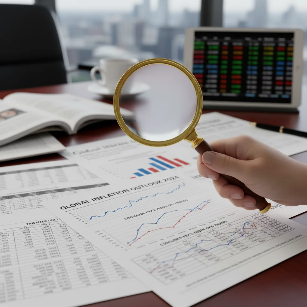 Mão segurando lupa sobre relatório econômico, analisando dados de inflação e o IPCA.