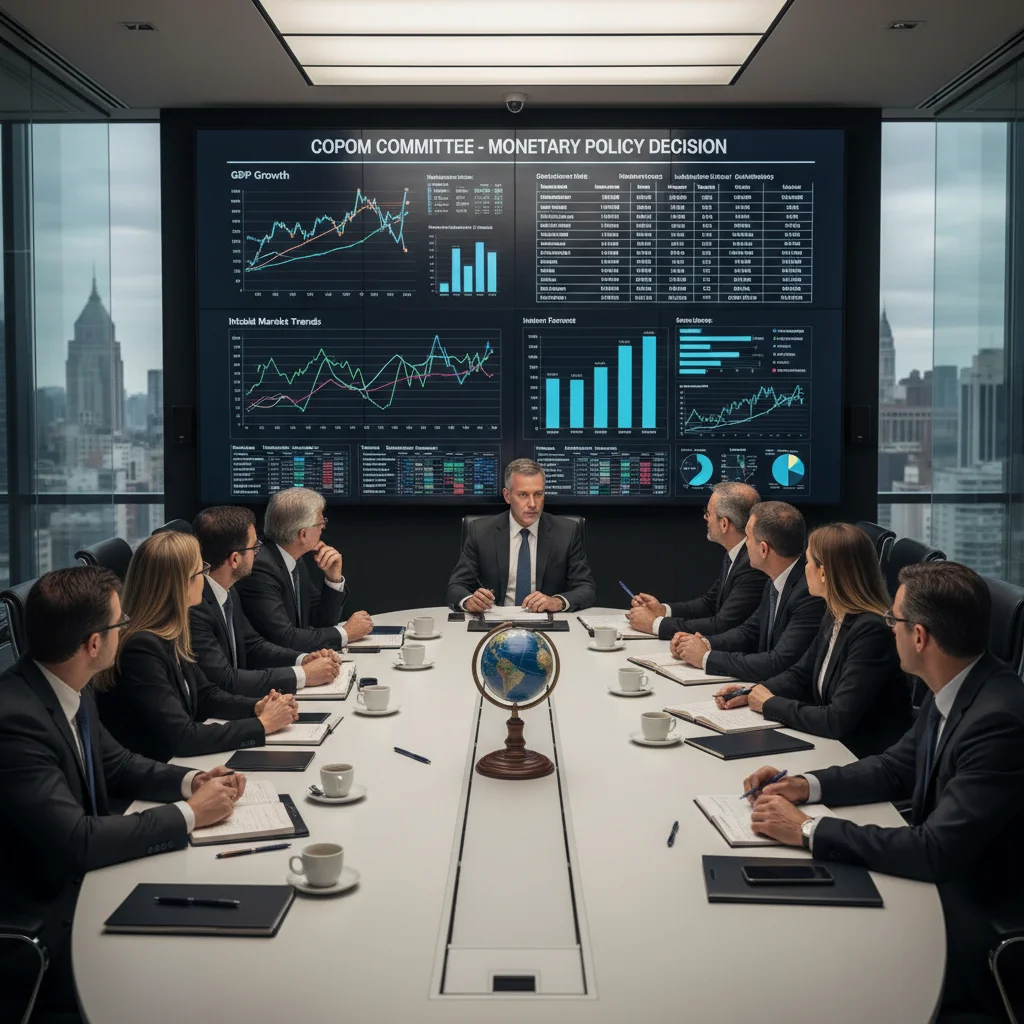 Profissionais financeiros analisando gráficos em reunião, representando o COPOM.