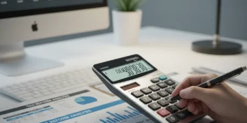 Pessoa analisando documentos financeiros com calculadora, simbolizando a Reforma Tributária 2026 e seus impactos.