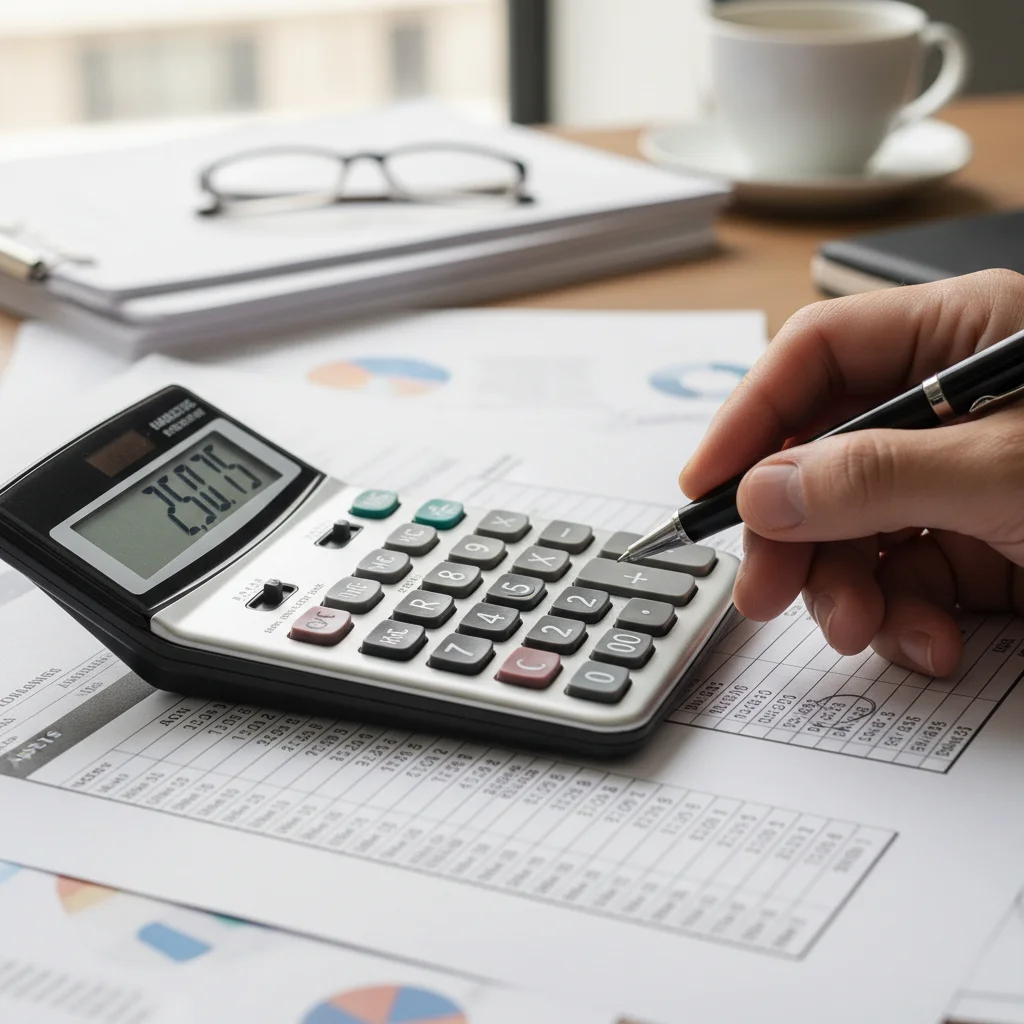 Calculadora e caneta sobre demonstrações financeiras, simbolizando análise e planejamento.