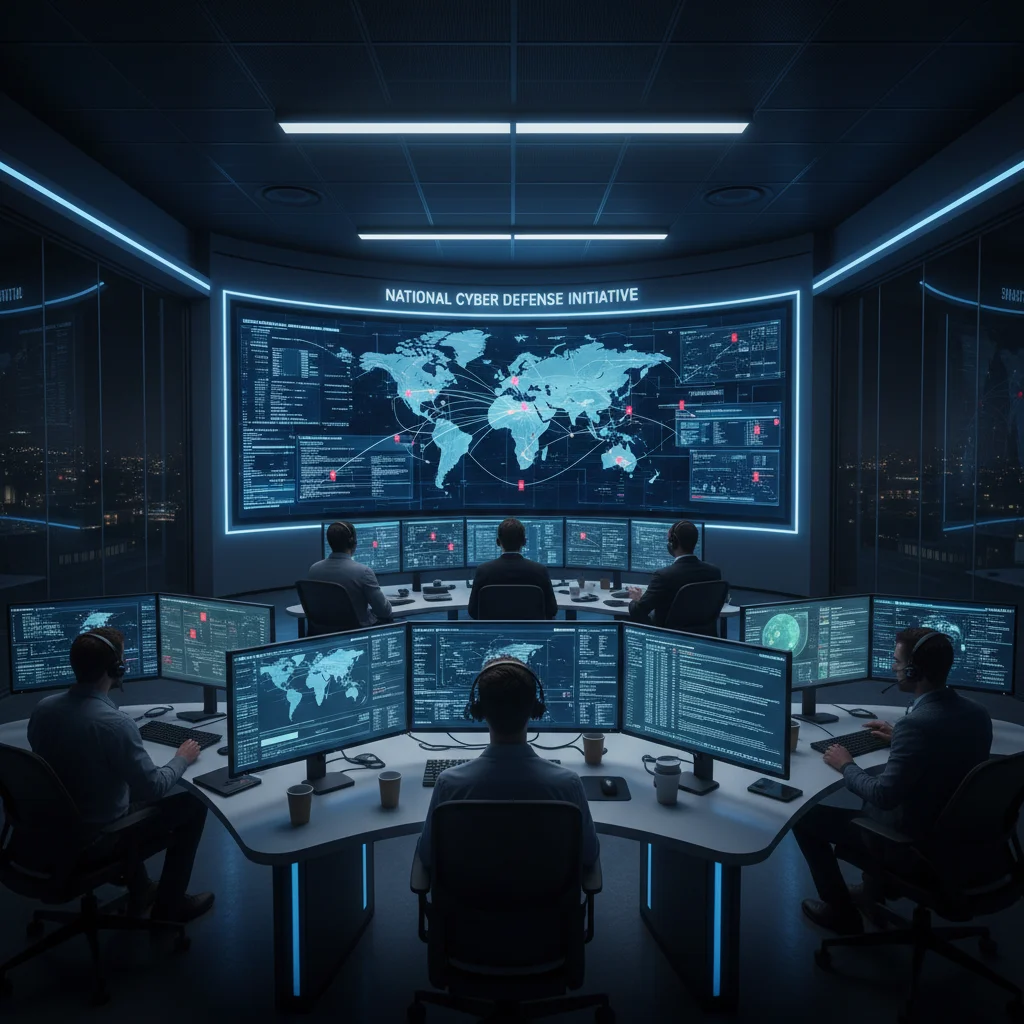 Analistas de cibersegurança em sala de controle monitorando telas, representando resposta coordenada e estratégias nacionais.