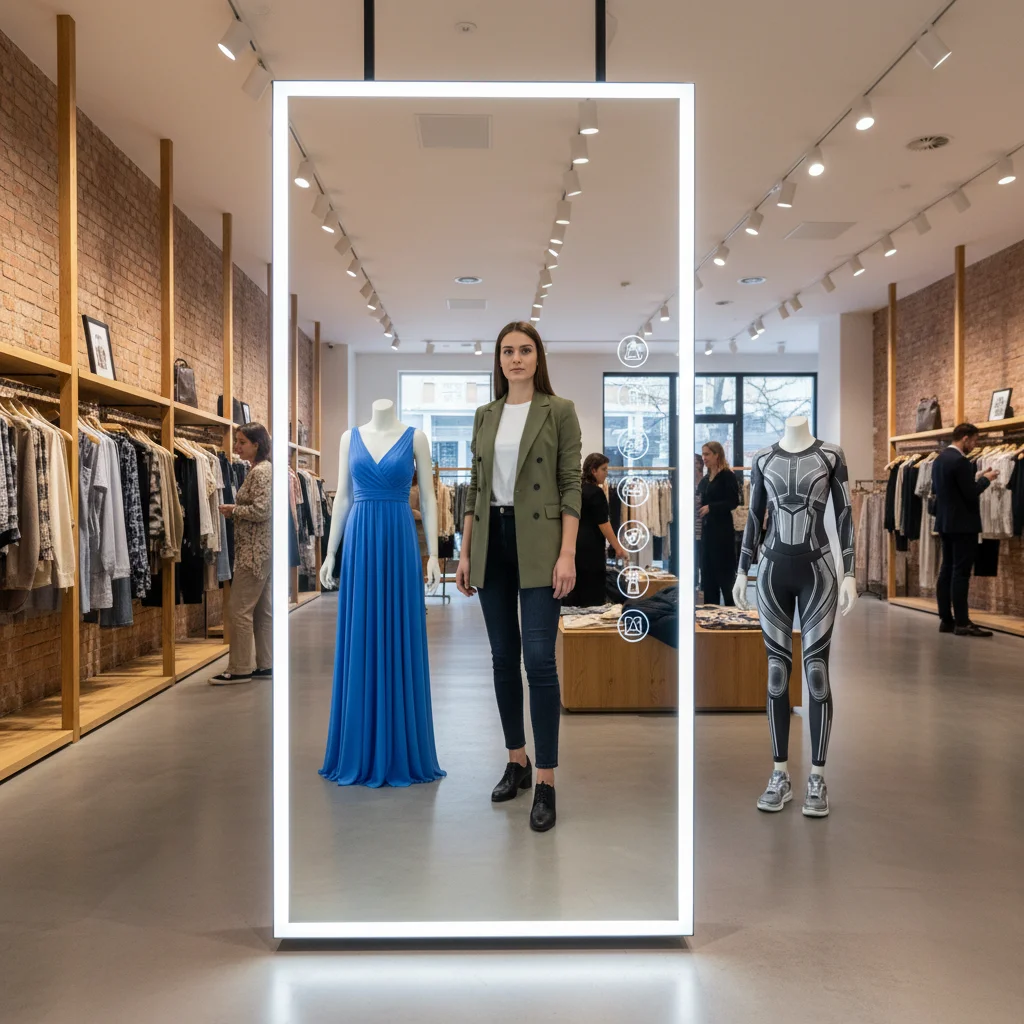 Cliente experimentando roupas virtualmente em um espelho inteligente com tecnologia de realidade aumentada.
