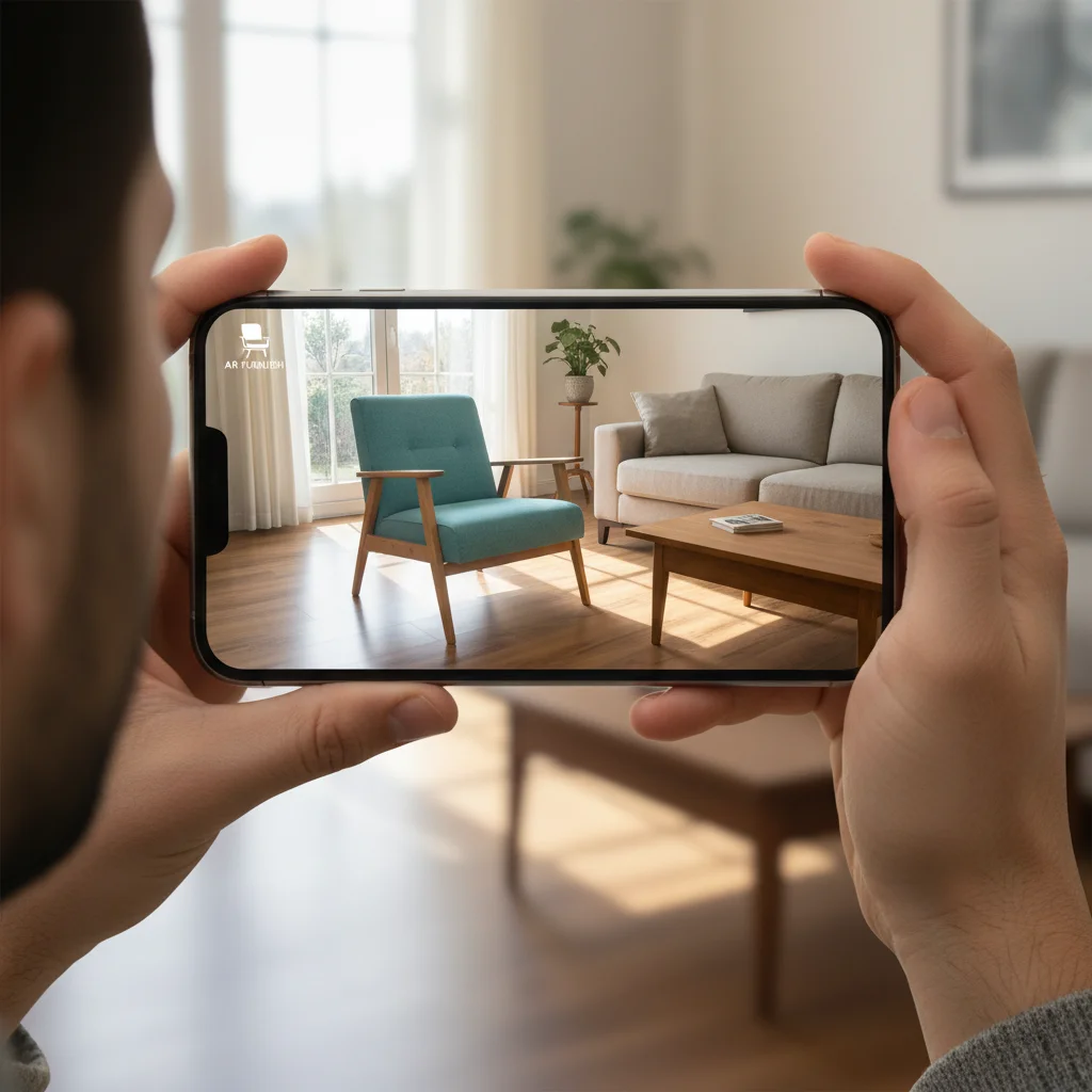 Usuário visualizando móveis virtuais em sua sala de estar através de um aplicativo de realidade aumentada no smartphone.