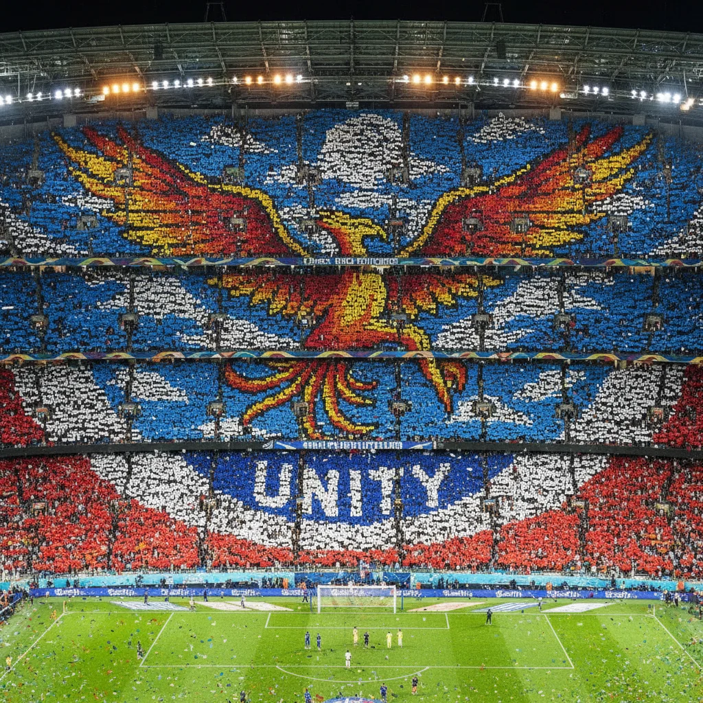 Vista aérea de uma arena esportiva com torcida organizada criando um mosaico, simbolizando a união e o poder da torcida.