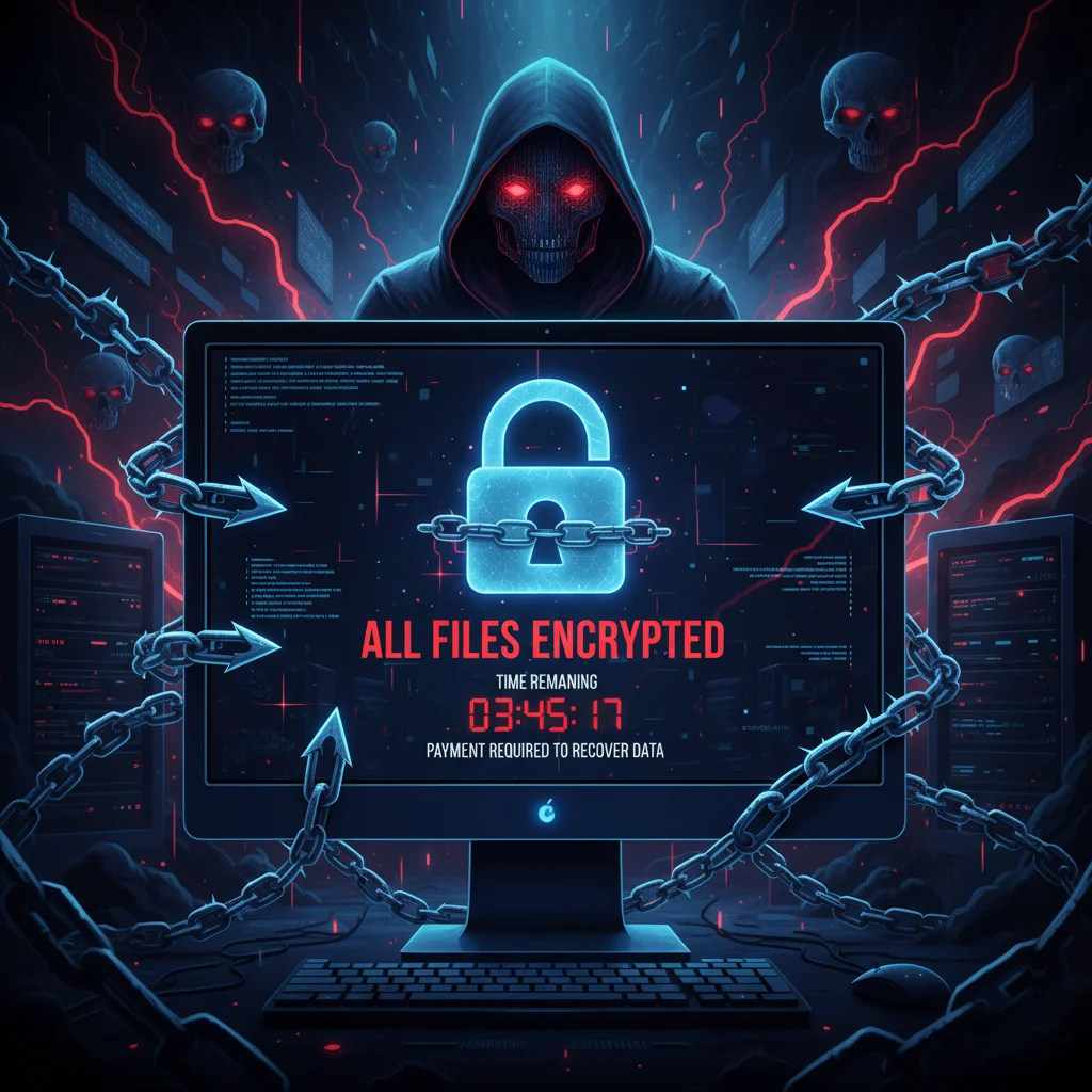 Ilustração de ataque de ransomware bloqueando dados corporativos.