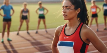 Atleta feminina concentrada antes de uma competição, simbolizando a importância da saúde mental no esporte.