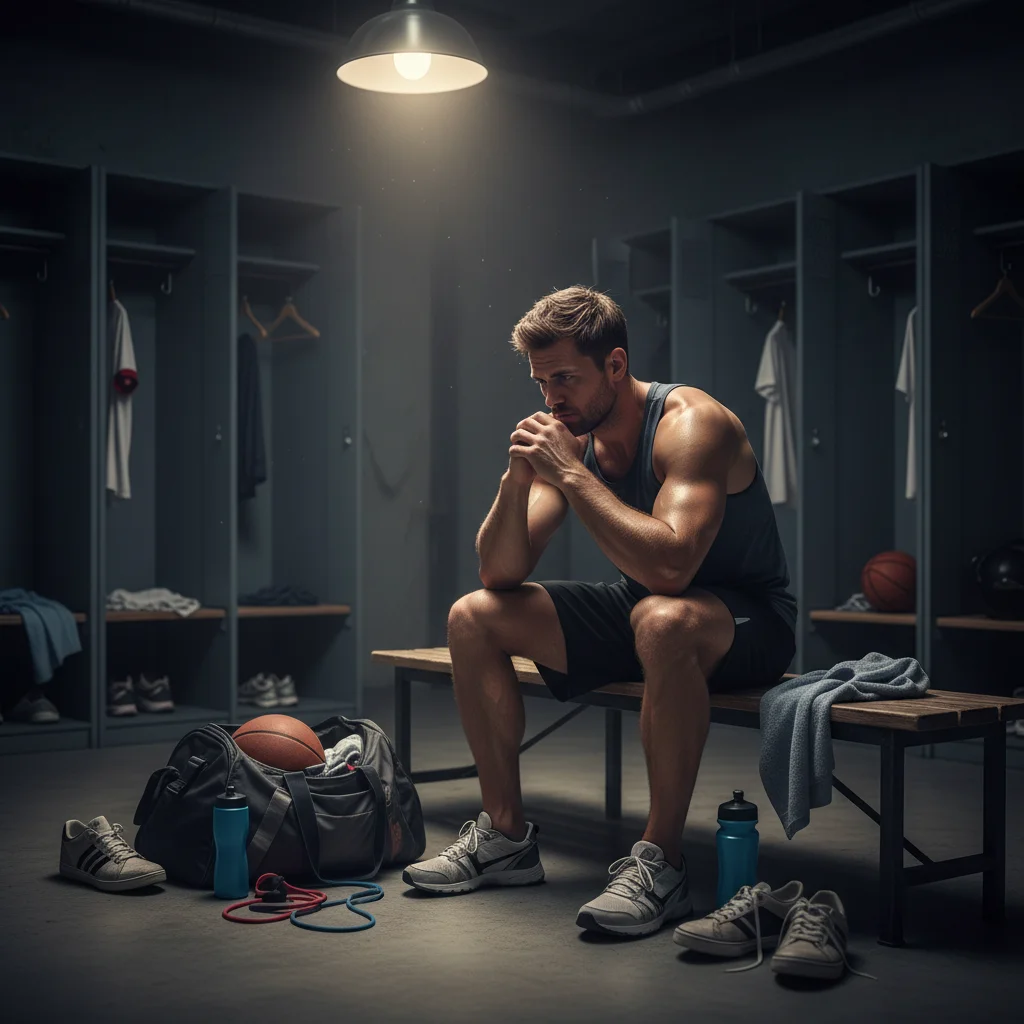 Atleta masculino pensativo em vestiário, refletindo sobre desafios da saúde mental no esporte.