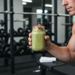 Atleta segurando um smoothie nutritivo após o treino, simbolizando recuperação e desempenho otimizado.