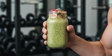 Atleta segurando um smoothie nutritivo após o treino, simbolizando recuperação e desempenho otimizado.