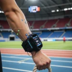 Atleta com tecnologia vestível monitorando dados biométricos durante o treinamento.