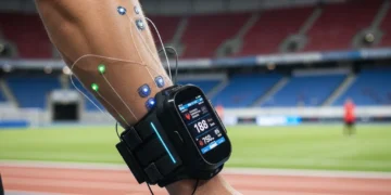 Atleta com tecnologia vestível monitorando dados biométricos durante o treinamento.