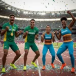 Quatro atletas olímpicos brasileiros celebrando recordes pessoais em um estádio.