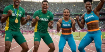 Quatro atletas olímpicos brasileiros celebrando recordes pessoais em um estádio.