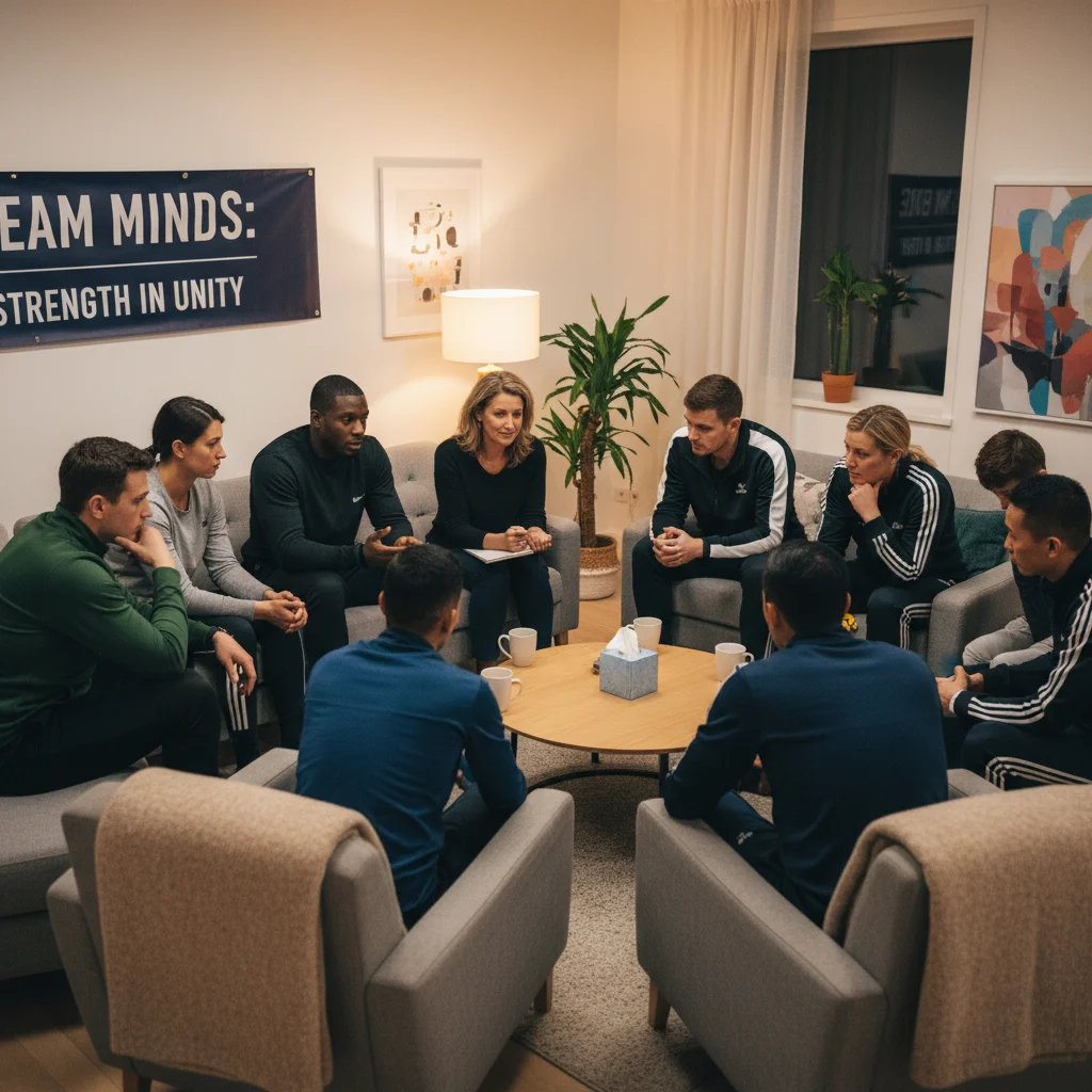 Grupo de atletas em sessão de terapia com psicólogo esportivo, discutindo a saúde mental.