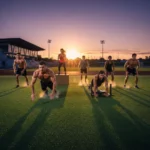 Treinamento de Alta Intensidade: Redução de Lesões no Esporte Atletas realizando treinamento de alta intensidade em campo esportivo ao pôr do sol, focados nos movimentos dinâmicos.