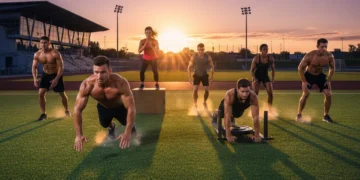 Atletas realizando treinamento de alta intensidade em campo esportivo ao pôr do sol, focados nos movimentos dinâmicos.