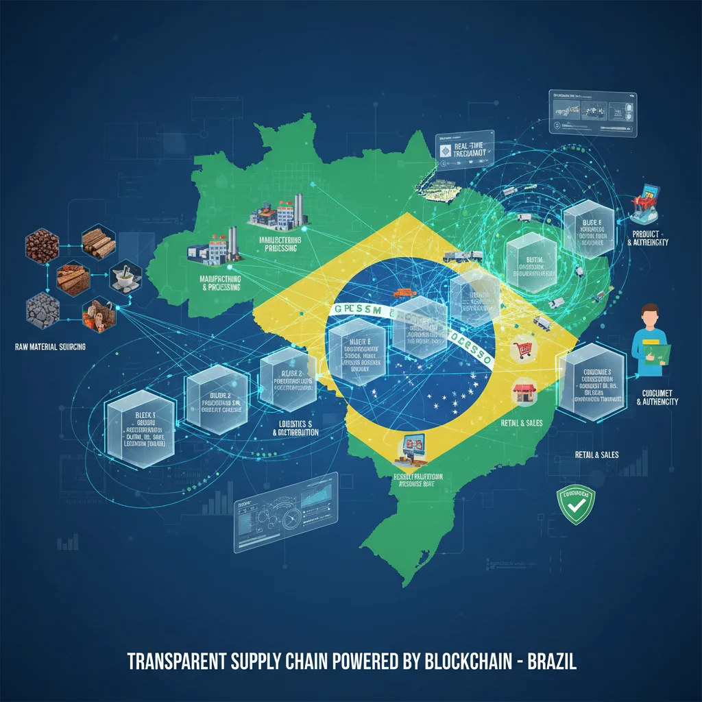 Infográfico detalhado de cadeia de suprimentos transparente usando blockchain, rastreando produtos desde a origem até o consumidor final no Brasil.