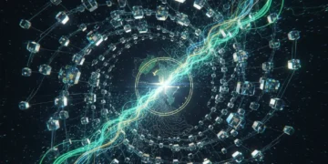 Representação artística de rede blockchain interconectada com elementos brasileiros, simbolizando inovação tecnológica no país.