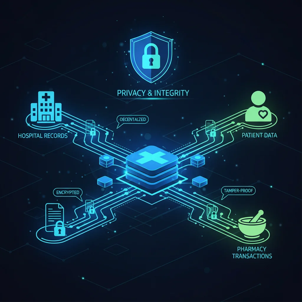 Sistema de gestão de dados de saúde seguro com blockchain, ilustrando o fluxo de informações médicas entre hospitais e pacientes.