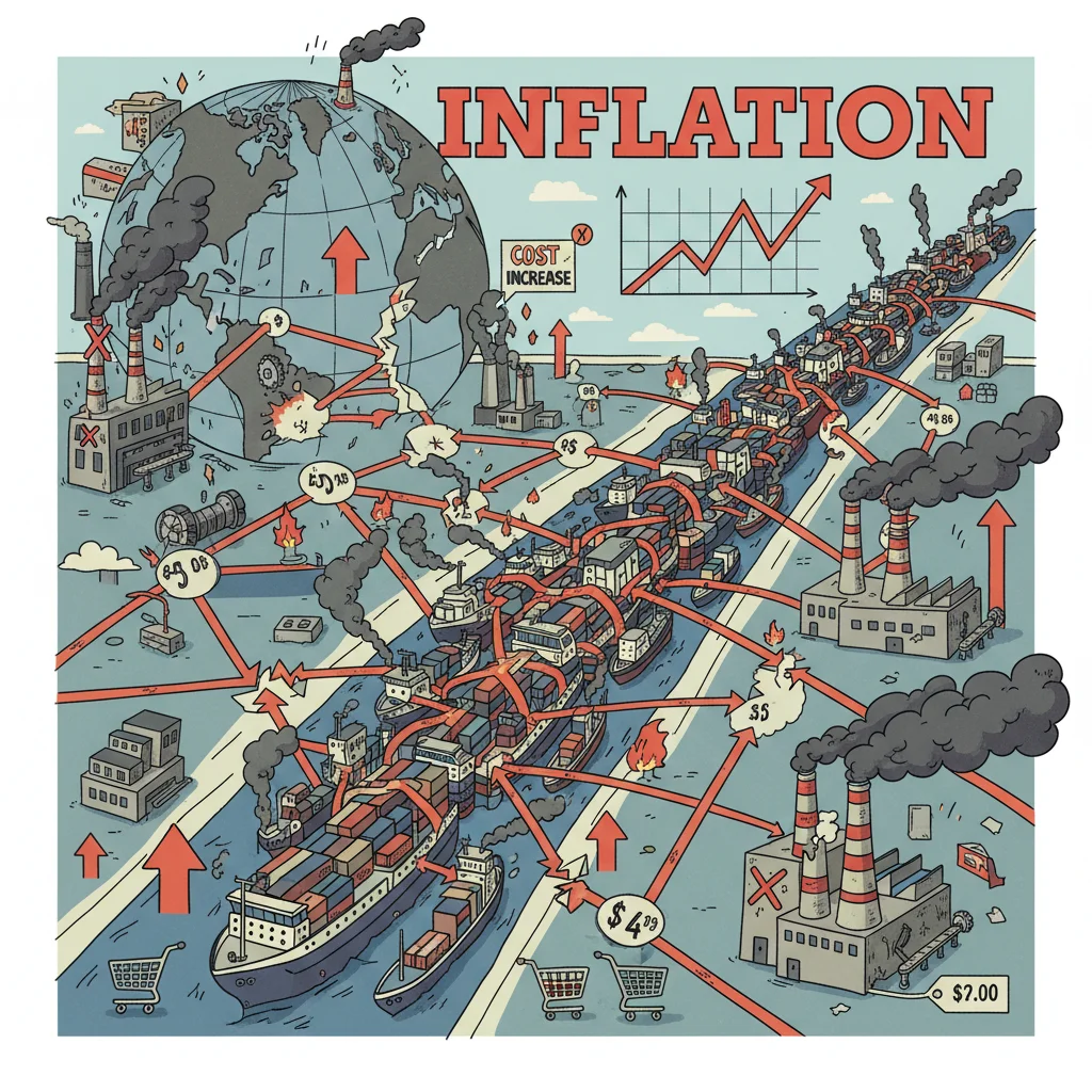 Cadeia de suprimentos global fragmentada, ilustrando gargalos e interrupções que impulsionam a inflação.