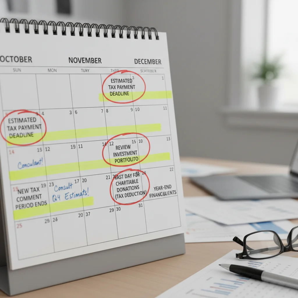 Calendário com datas importantes circuladas, marcando prazos para ajustes fiscais.