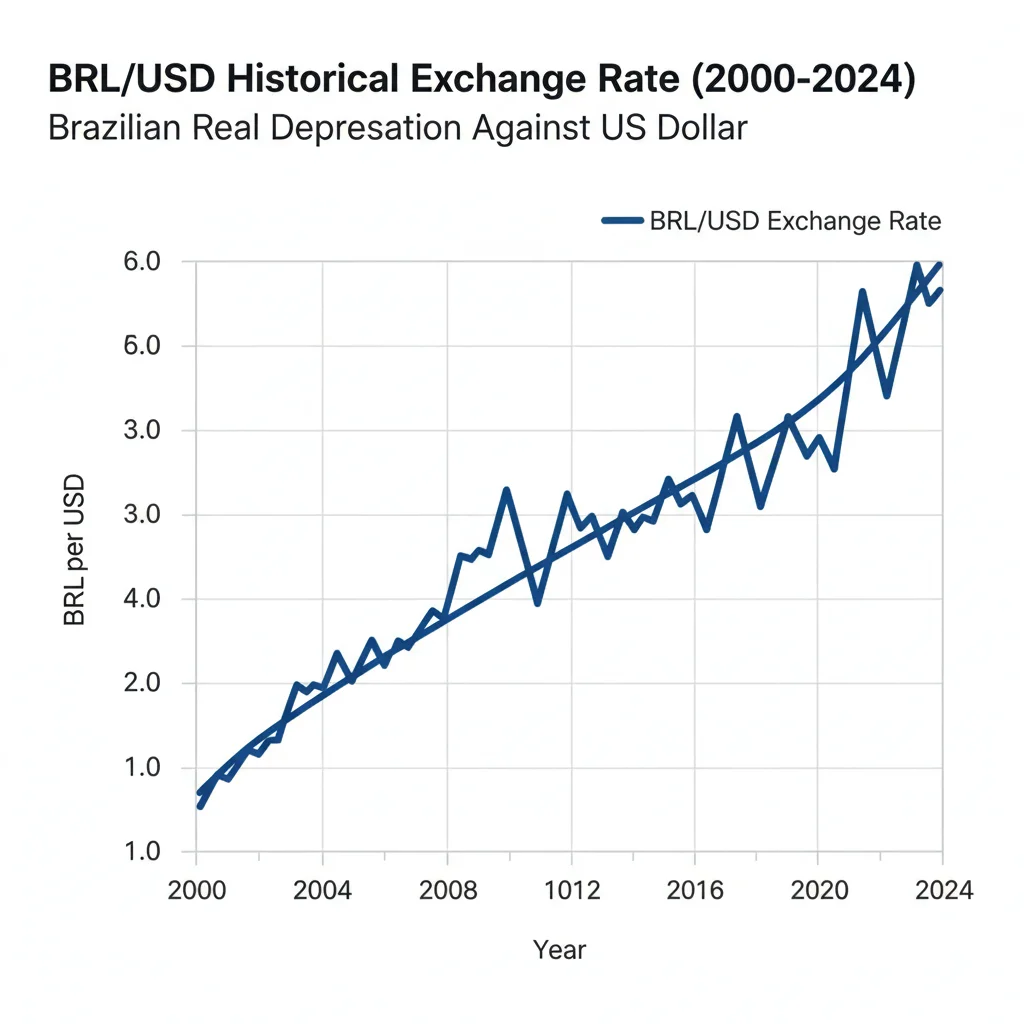 Gráfico da taxa de câmbio Real vs Dólar, mostrando a desvalorização do Real.