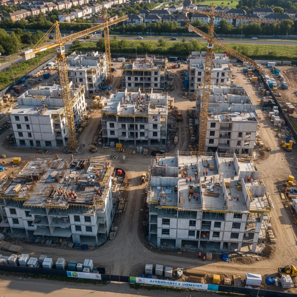 Vista aérea de um canteiro de obras de moradia popular em andamento, com vários edifícios em construção.