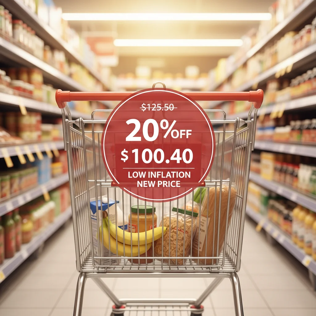 Carrinho de compras com produtos e uma etiqueta de preço indicando redução, simbolizando o impacto da inflação menor no poder de compra.
