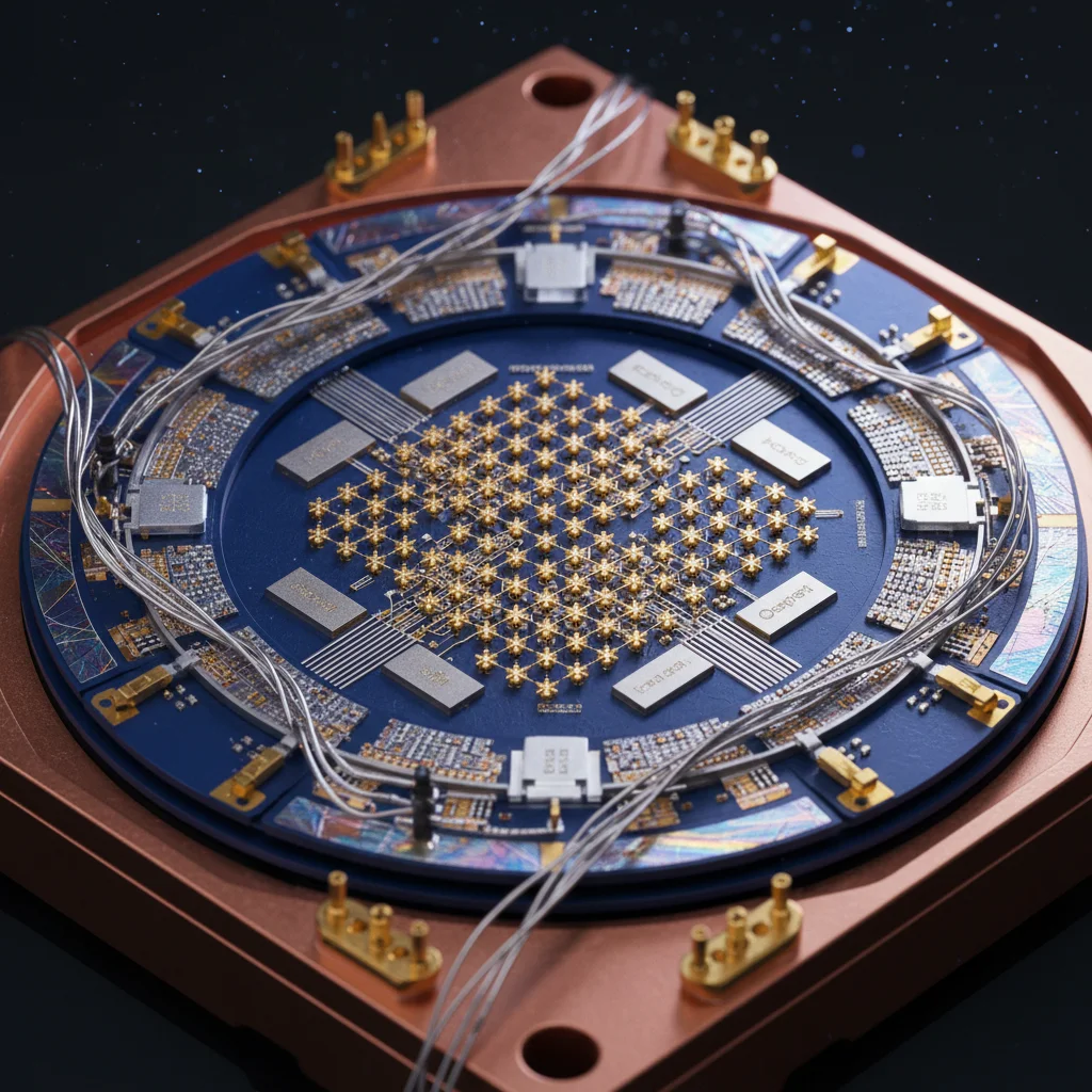 Detalhe de um chip de processador quântico com circuitos complexos.