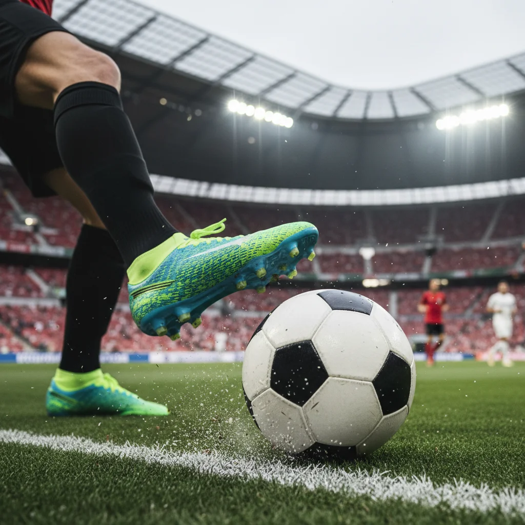 Pé de jogador de futebol chutando a bola com força em um estádio europeu, simbolizando desempenho de alto nível.