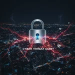 Cibersegurança: Ataques de Ransomware Custam Milhões no Brasil Ícone de cadeado digital sobre uma cidade, simbolizando cibersegurança e ataques cibernéticos.