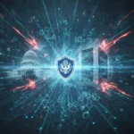 Cibersegurança Nacional: Ataques Digitais e Novas Medidas Rede digital complexa com escudo, representando a cibersegurança nacional contra ataques digitais crescentes e medidas governamentais de proteção.