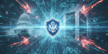 Rede digital complexa com escudo, representando a cibersegurança nacional contra ataques digitais crescentes e medidas governamentais de proteção.