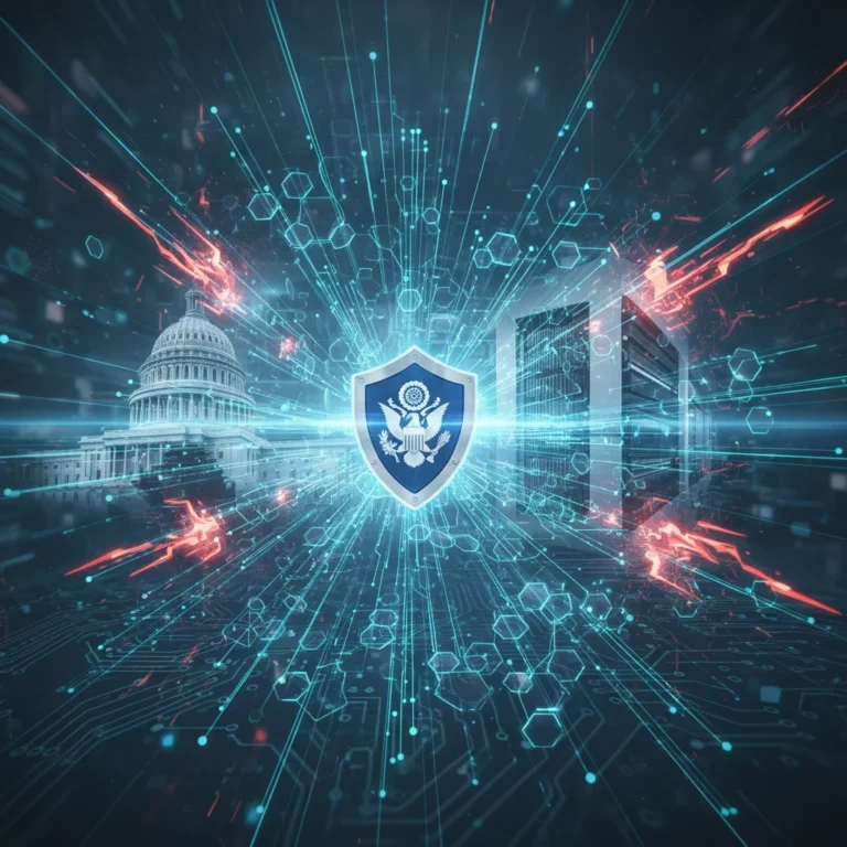 Rede digital complexa com escudo, representando a cibersegurança nacional contra ataques digitais crescentes e medidas governamentais de proteção.