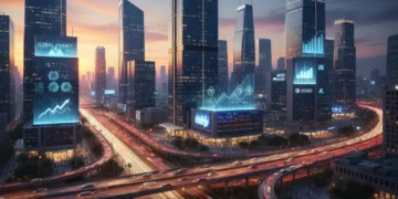Paisagem urbana moderna ao entardecer, representando o crescimento e dinamismo do setor de serviços.