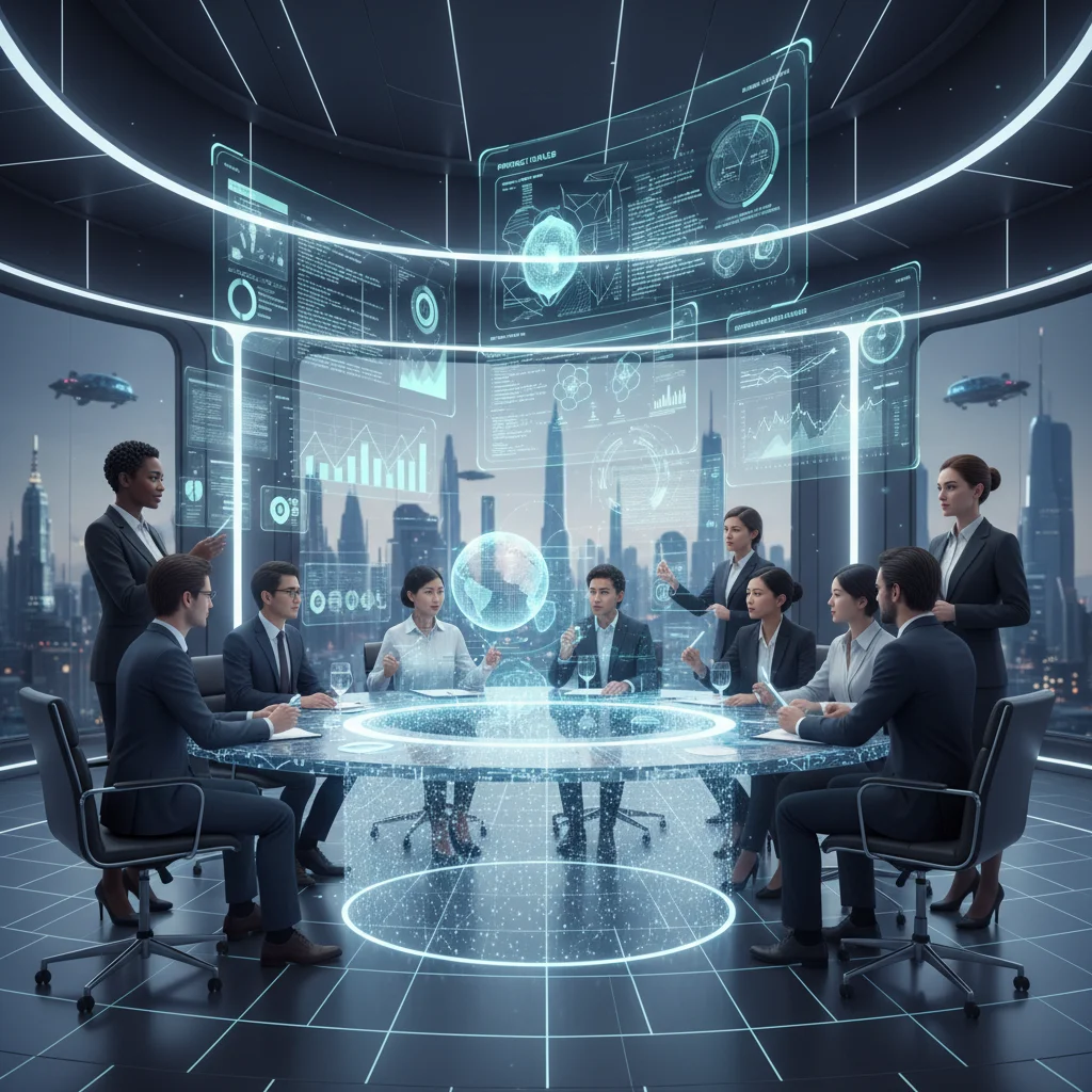 Profissionais colaborando em sala de reunião virtual no metaverso.