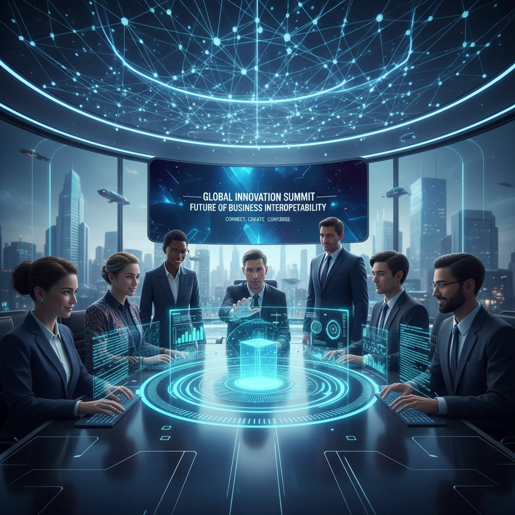 Avatares em uma sala de conferência virtual interagindo com uma apresentação holográfica.