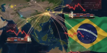 Navios cargueiros e mapas ilustrando a conexão comercial entre Brasil e China, com setas indicando fluxo de exportações.