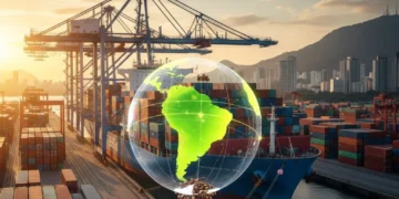 Navio cargueiro em porto movimentado com containers e mapa-múndi, simbolizando o comércio exterior brasileiro.