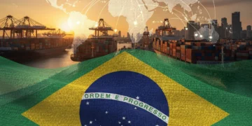 Navios de carga e contêineres simbolizando o comércio exterior brasileiro em um cenário global.