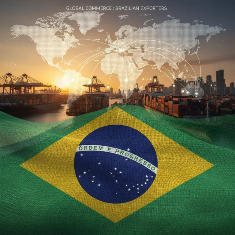 Navios de carga e contêineres simbolizando o comércio exterior brasileiro em um cenário global.