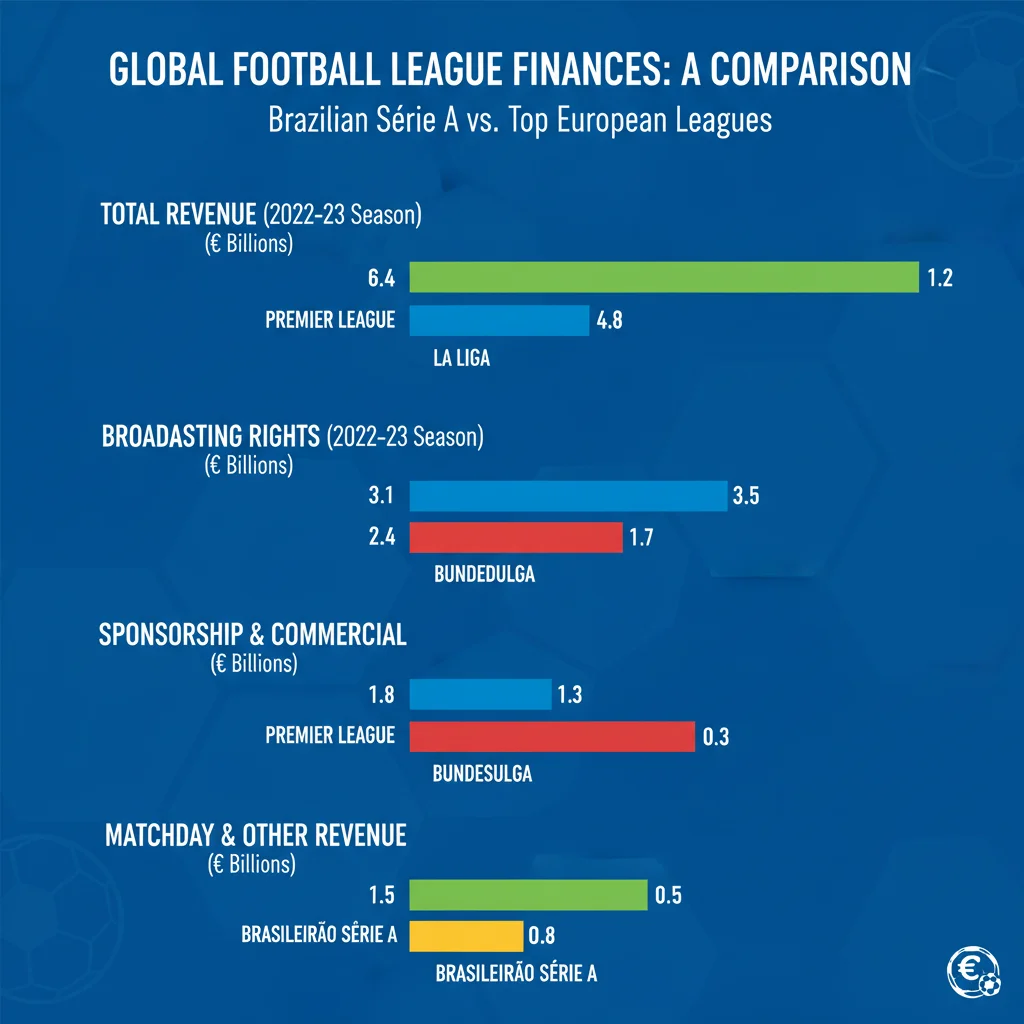 Infográfico comparativo de métricas financeiras entre Série A e ligas europeias de futebol.