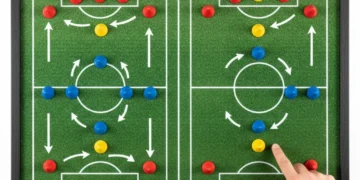 Comparativo tático entre formações 3-5-2 e 4-3-3 em um campo de futebol, com cones indicando posições dos jogadores.
