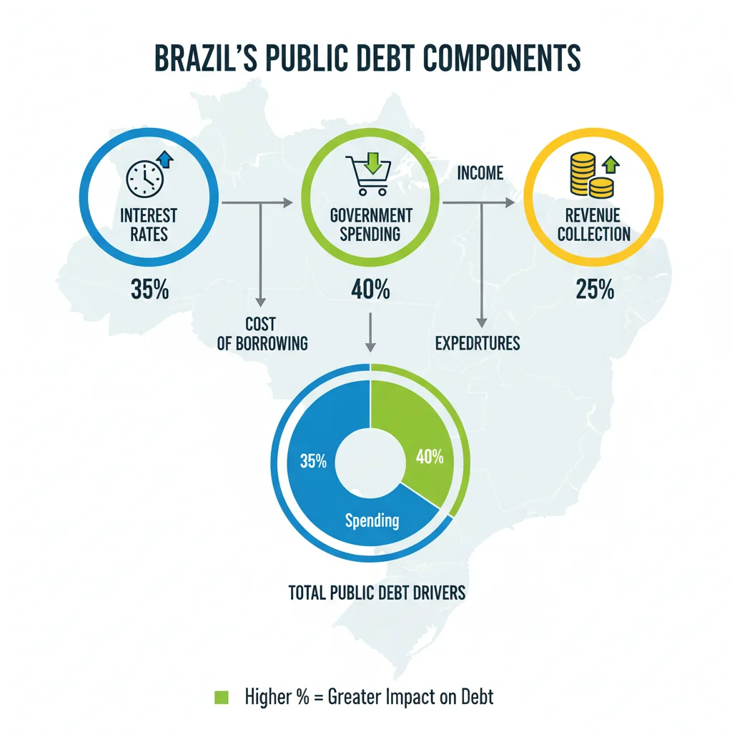 Infográfico detalhado dos componentes da dívida pública brasileira, incluindo juros e gastos governamentais.