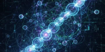 Representação futurística de processamento de dados em computação quântica.